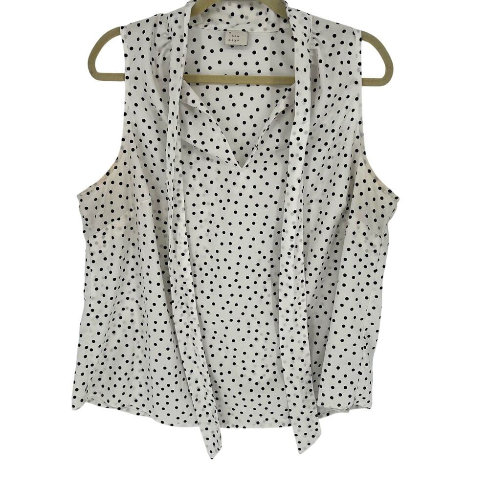 A New Day Black & White Polka Dot Tie-neck Blouse Size XXL